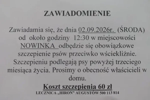 Obowiązkowe szczepienie psów w Nowince – 2 września 2026