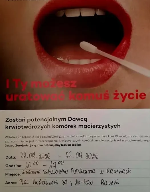 Zostań Dawcą komórek macierzystych – rejestracja w bibliotece 22-25 września