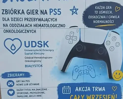 Zbiórka gier na PS5 dla małych pacjentów oddziału hematologiczno-onkologicznego w Białymstoku