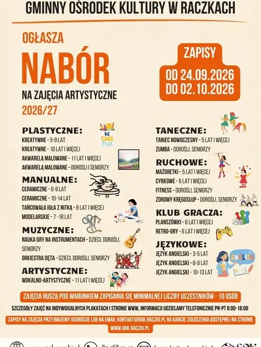 GOK Raczki ogłasza nabór na zajęcia 2026/2027 – zmiany w grupach kreatywnych
