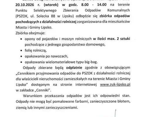 Lipsko: Zbiórka odpadów rolniczych 20 października