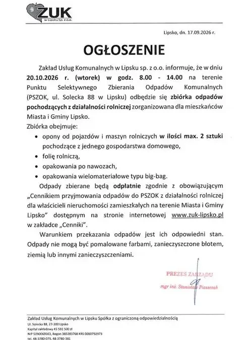 Lipsko: Zbiórka odpadów rolniczych 20 października